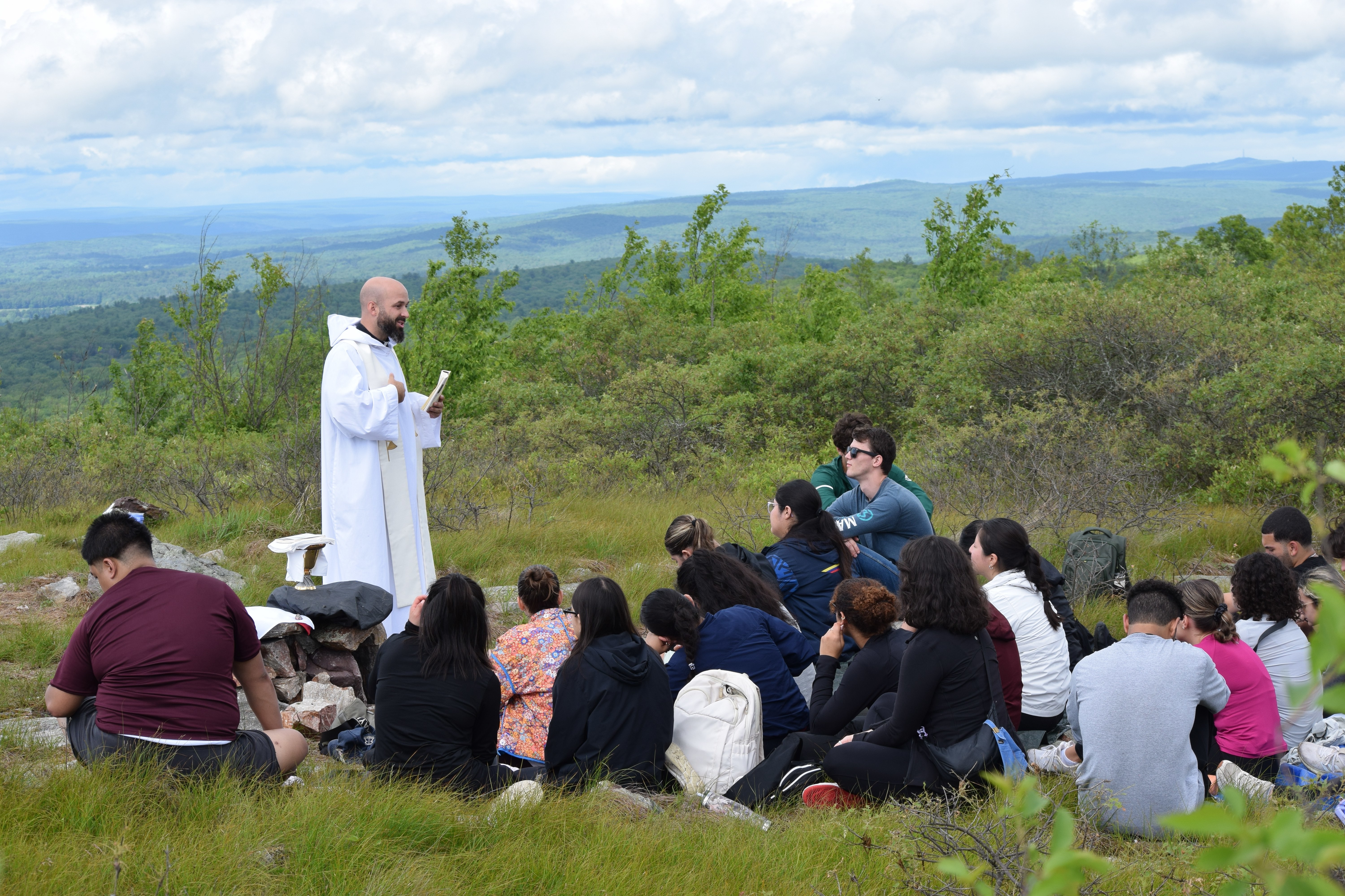 Fr. Steve DeMaio, SDB, shares a homily during Mass on the Appalachian Trail.