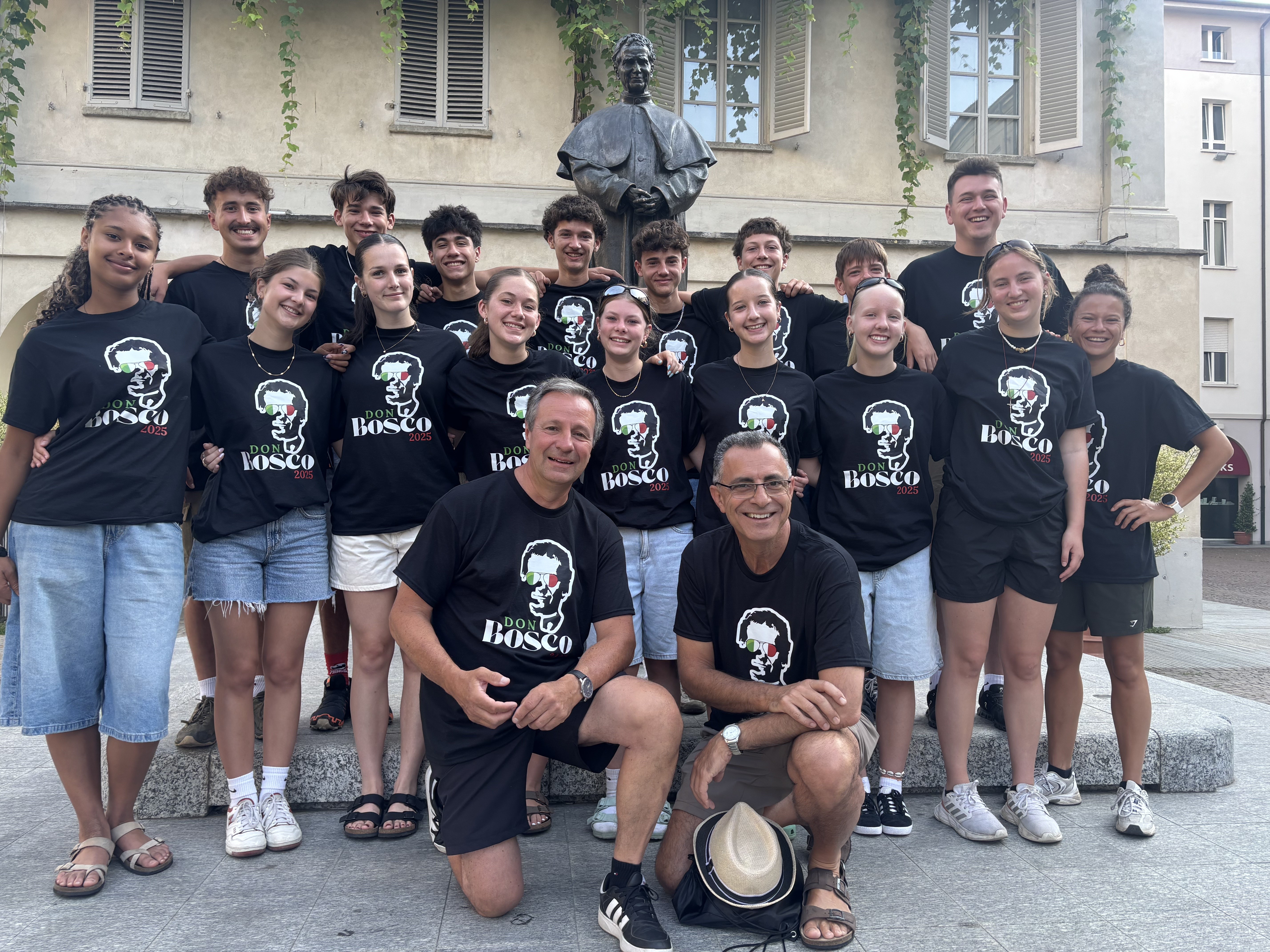 Turin: Frs. Alain Léonard and Mike Pace, SDBs, with Le Salesien students
