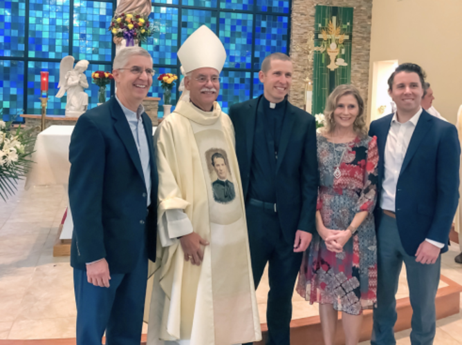 Br. John Taylor, SDB (third from right), with his uncle, Bishop Taylor (second from left), and their family after he made his first profession as a Salesian of Don Bosco