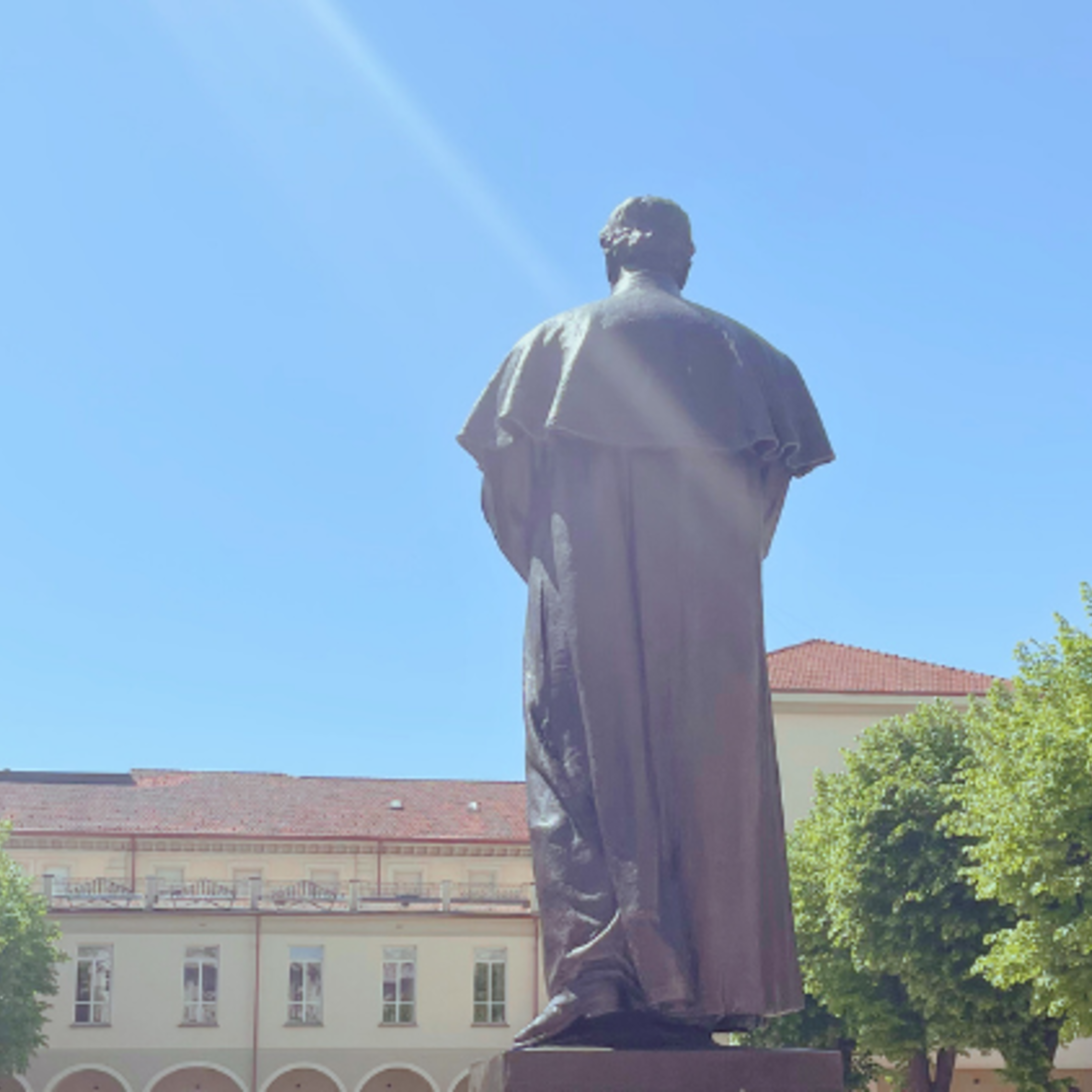 Line shines at the statue of Don Bosco at Valdocco.