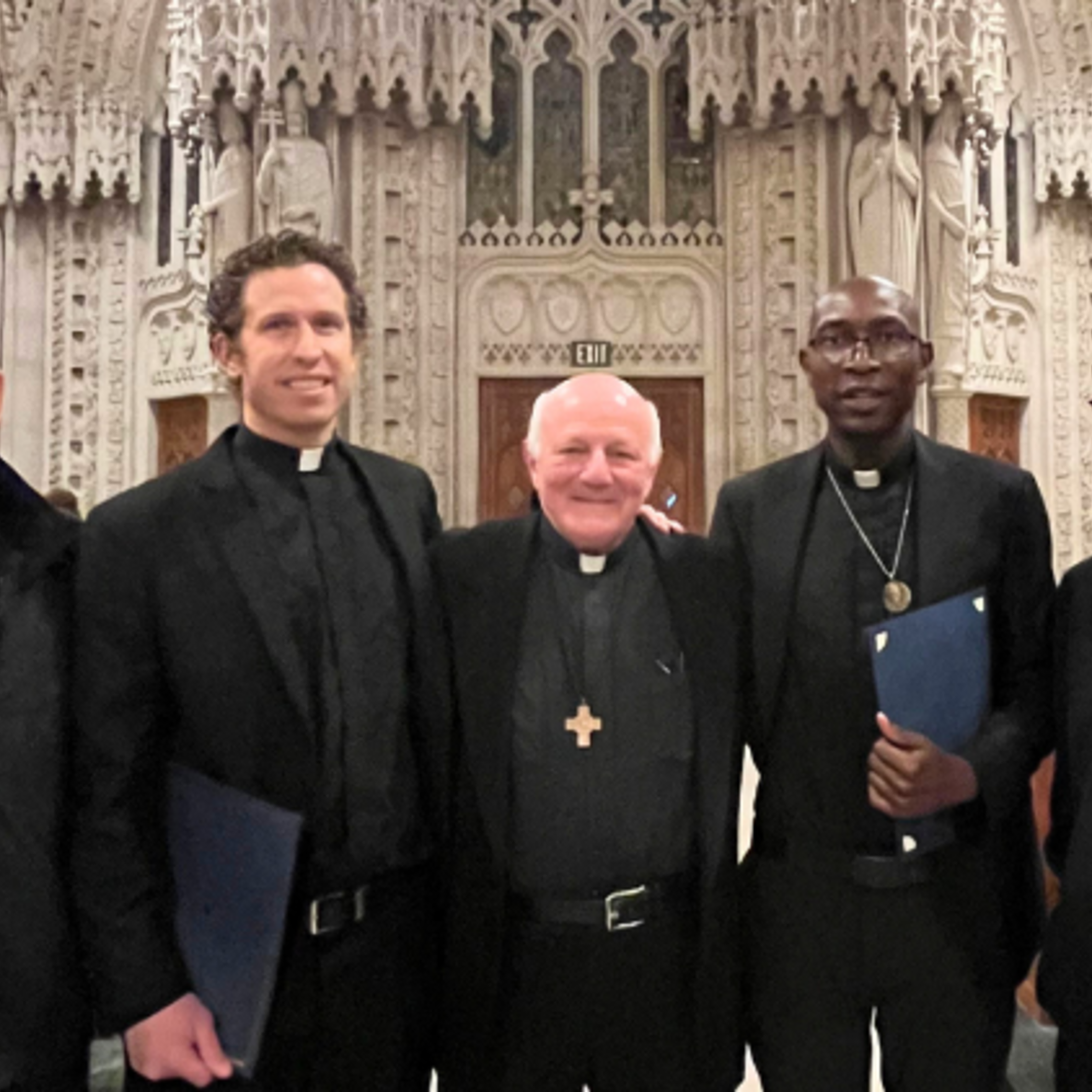 Fr. Tom Ruekert, Bro. John Taylor, Fr. John Nazzaro, Bro. Pascal Mukuye, and Fr. Dominic Tran, SDBs, at the Cathedral Basilica of the Sacred Heart, Newark, NJ, after the Mass of Blessing for Graduates on May 14, 2025.