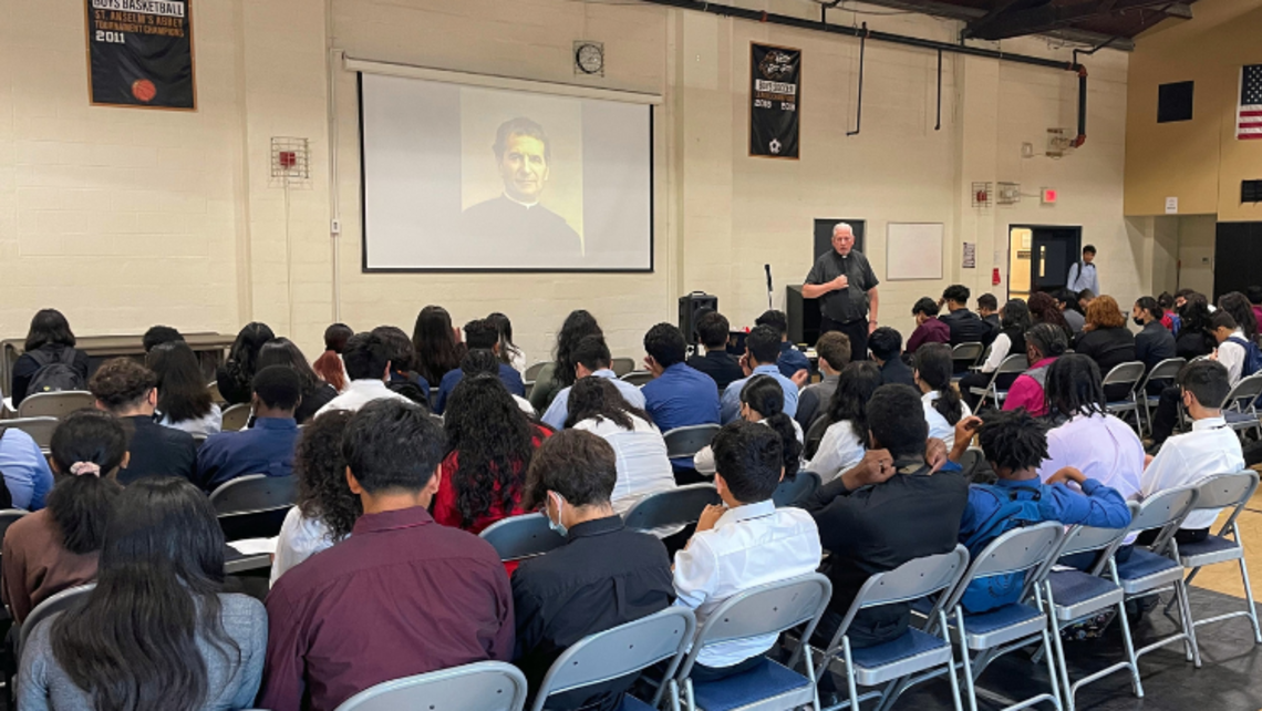 Takoma Park Director Fr. John Serio, SDB, leads a morning assembly | Photo by Fr. Lenny Carlino, SDB DDCR Bridge Program