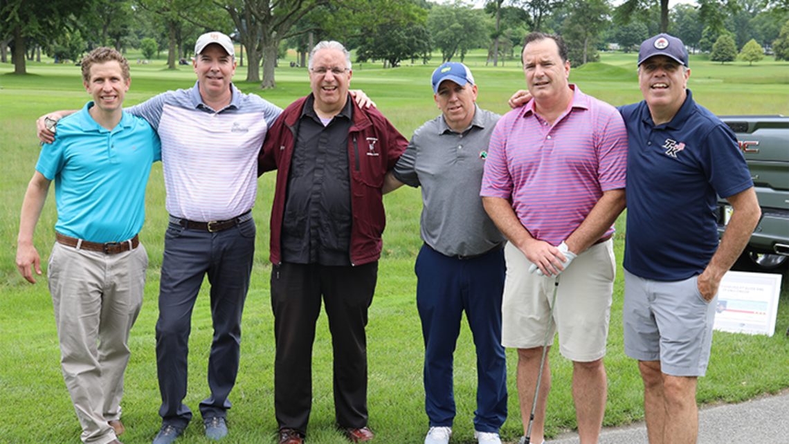 John Taylor, Salesian pre-novice; David Natt '91; Fr. Jim Heuser, SDB, Director; Jim Fortescue '91, DBP Board of Directors; Dan McCann '91; and Paul Burke '92, DBP Board of Directors | Photo by Jennifer Passerino DBP Golf Classic
