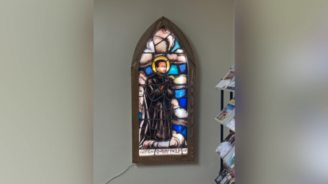 Fragment of the discovered fragment of a Don Bosco window, now installed in the lobby of the Salesian Provincial Center | Credit: Fr. Rich Alejunas, SDB Don Bosco Window