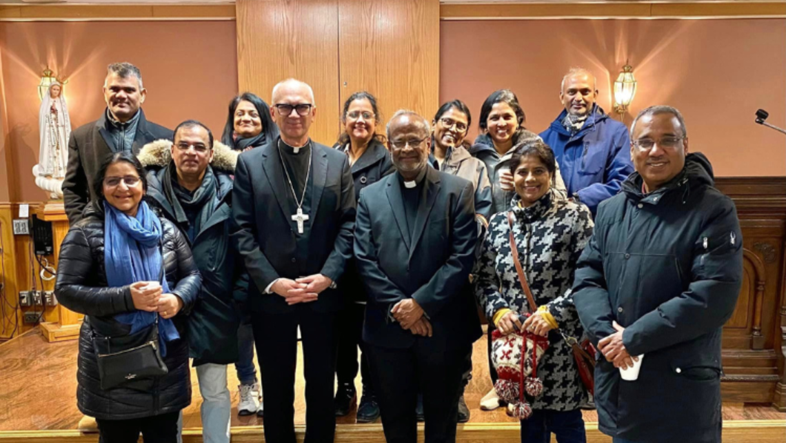 Auxiliary Bishop of London Rev. Joseph Dabrowski, CSMA, and Etobicoke Director Fr. John Louis Mariapragasam, SDB (both center) with Salesian Family after the Mass | Photo courtesy of St. Benedict Parish's Facebook Etobicoke St. John Bosco Mass