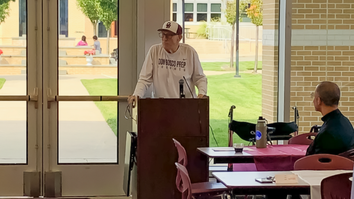 Br. Jim Wiegand, SDB (left), speaks at his 90th birthday party as Ramsey director Fr. Abraham Felicano, SDB (right), watches. | Photo by Fr. Mike Mendl, SDB Happy 90th Birthday, Br. Jim!