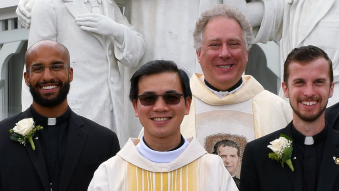 (from left to right) Br. Branden Gordon, SDB; Dcn. Ky Nguyen, SDB; Fr. Provincial Tim Zak, SDB; and Br. Joshua Sciullo, SDB | Photo by Vicky Weekley May Ordinandi Interviews Web