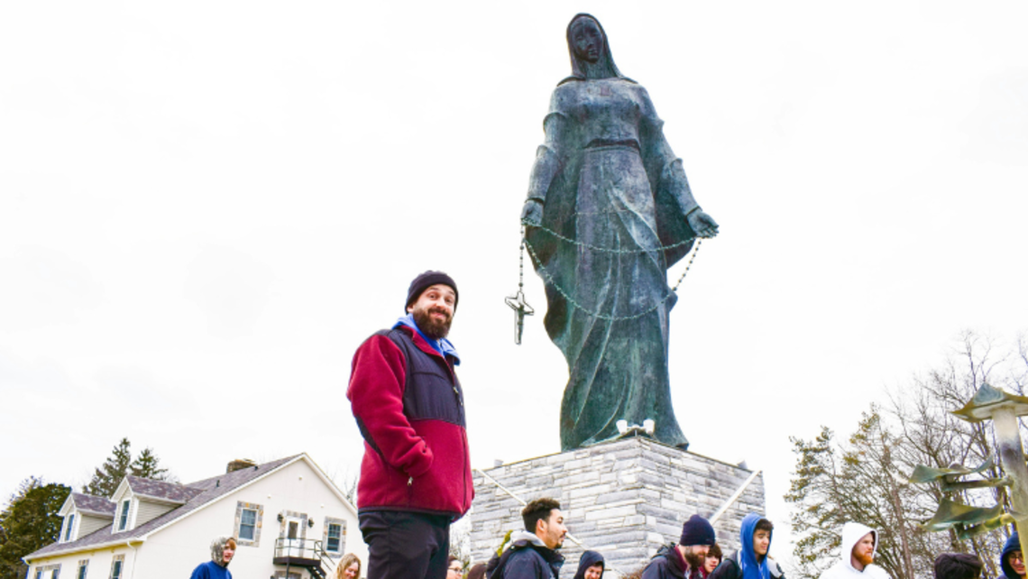 Fr. Steve De Maio, SDB, with January Leadership attendees in front of the statue of Our Lady at the Marian Shrine | Photo by Salesian Youth Ministry Message of the Provincial 02.16.2023