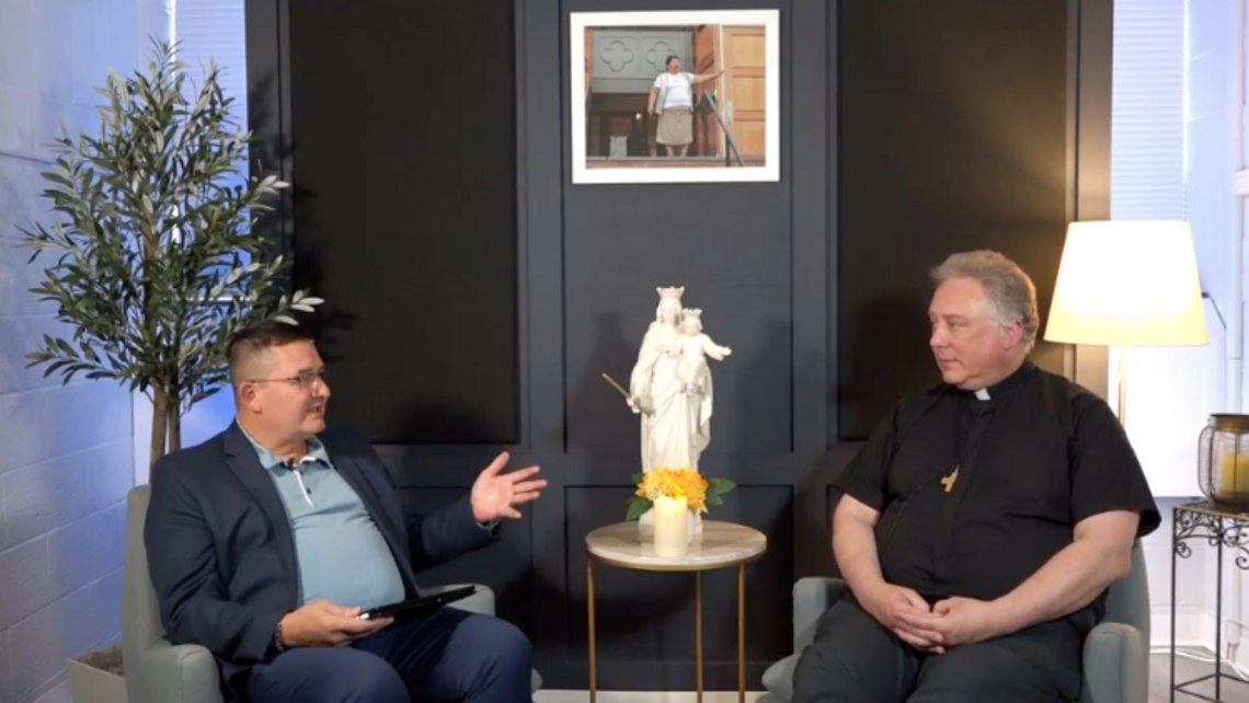 (from left to right) Carlos Rodriguez interviews Fr. Provincial Tim Zak | Screenshot courtesy of St. John Bosco Parish's Facebook New Media Studio in Port Chester