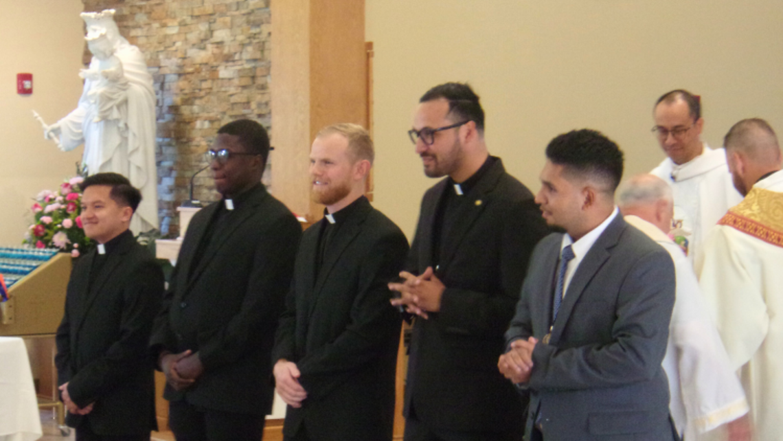 Newly professed Bros. Jieo Tecson, Christo Philistin, Nicholas Jandernoa, Lorenzo D’Alessandro, and Carlos Cerda, SDBs | Credit: Fr. Mike Mendl, SDB Newly Professed Brothers 2025