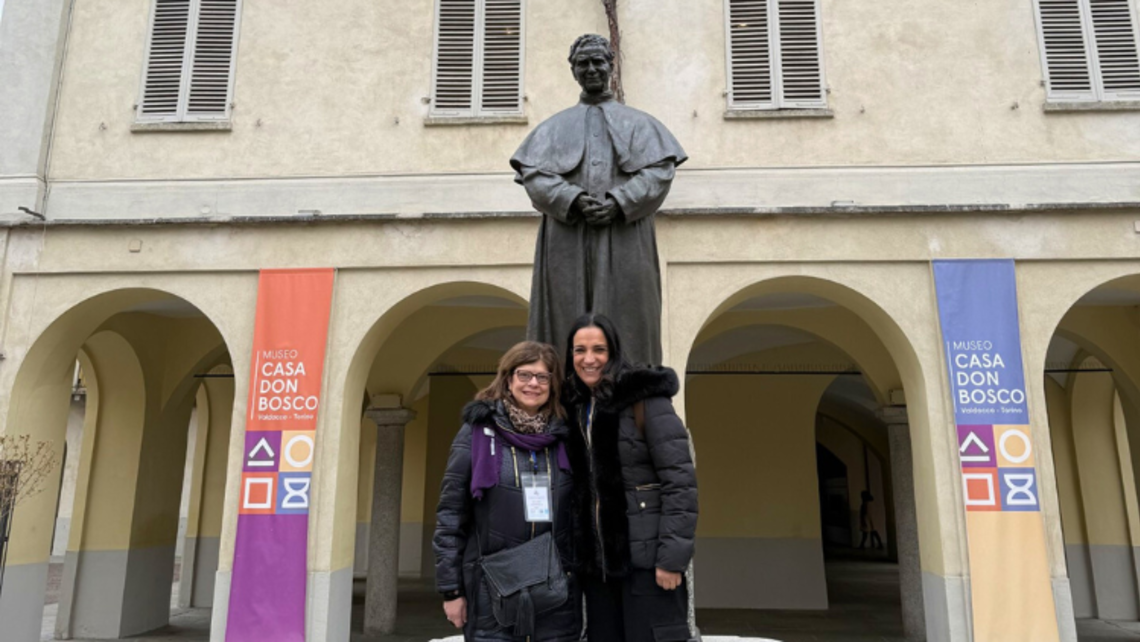 Andrea Zimmerman, Salesian Family SDB Delegate, Salesian Cooperator, and Miran Bejjani, Salesian Cooperator, pose in front of the statue of Don Bosco at Valdocco. | Courtesy of Mrs. Andrea Zimmerman, Salesian Family SDB Delegate, Salesian Cooperator Pilgrim Of Hope
