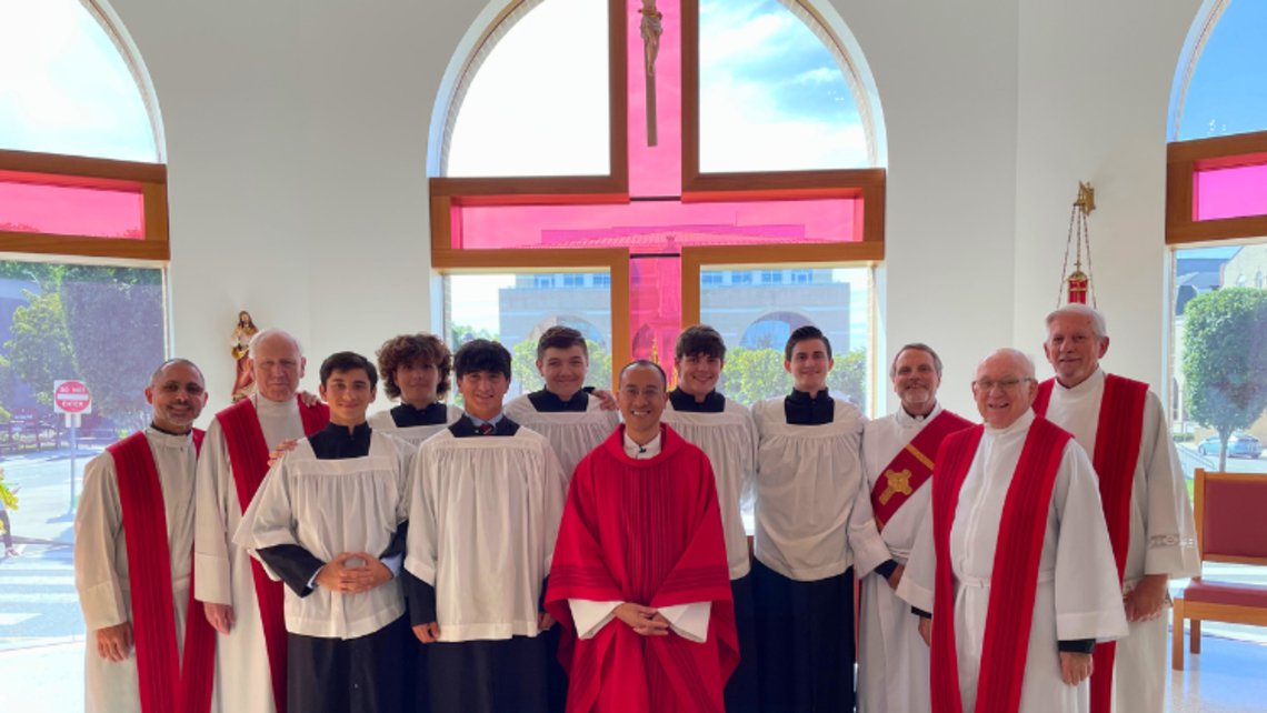 Ramsey SDBs with Don Bosco Prep altar servers, Provincial Fr. Dominic Tran (center), and Dcn. Doug Fitzmorris (third from right) | Photo courtesy of Fr. Abraham Feliciano, SDB Ramsey Provincial Happenings