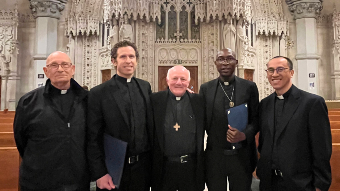 Fr. Tom Ruekert, Bro. John Taylor, Fr. John Nazzaro, Bro. Pascal Mukuye, and Fr. Dominic Tran, SDBs, at the Cathedral Basilica of the Sacred Heart, Newark, NJ, after the Mass of Blessing for Graduates on May 14, 2025. | Credit: Tin Bui Fr. Tom Ruekert, Bro. John Taylor, Fr. John Nazzaro, Bro. Pascal Mukuye, and Fr. Dominic Tran, SDBs, at the Cathedral Basilica of the Sacred Heart, Newark, NJ, after the Mass of Blessing for Graduates on May 14, 2025.