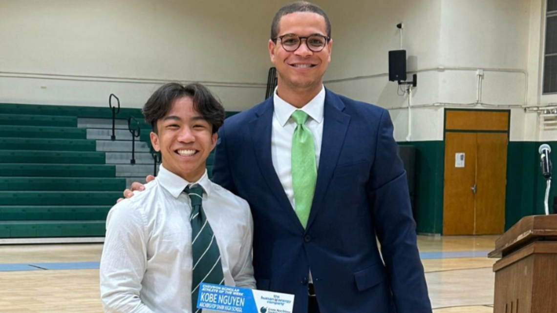 (from left to right) Kobe Nguyen '23 and William Dede | Photo courtesy of Archbishop Shaw High School Shaw Student of the Week