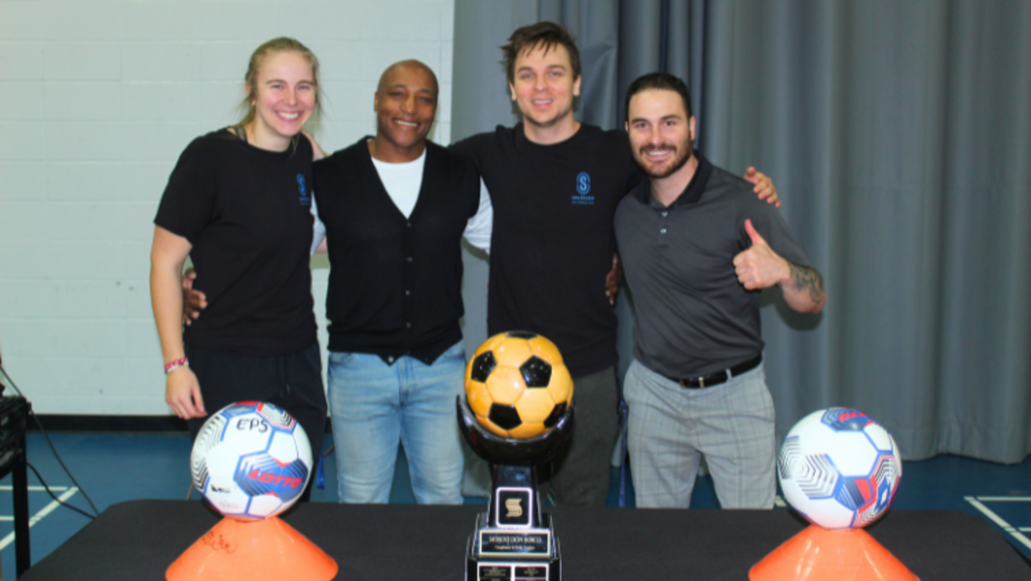 Andréanne, Richard, Pierre-Luc, and Vincent with the trophy | Photo by Fr. Alain Léonard, SDB Sherbrooke: Bosco Cup
