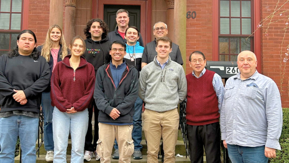 SLM discernment weekend participants with SLM Program Director Mr. Adam Rudin (back, center), Fr. Franco Pinto (top right), Fr. Joe Vien (front, second from right), and Fr. Pior Basista, SDBs | Courtesy of Mr. Adam Rudin SLM Discernment Weekend April 2025