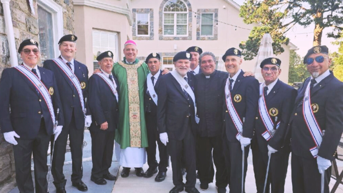 Members of the Knights of Columbus Council 581 Color Guard with Auxiliary Bishop John S. Bonnici from the Archdiocese of New York and Stony Point Director Fr. Manny Gallo, SDB | Credit: National Shrine of Mary Help of Christians Stony Point: Rise Up 2025