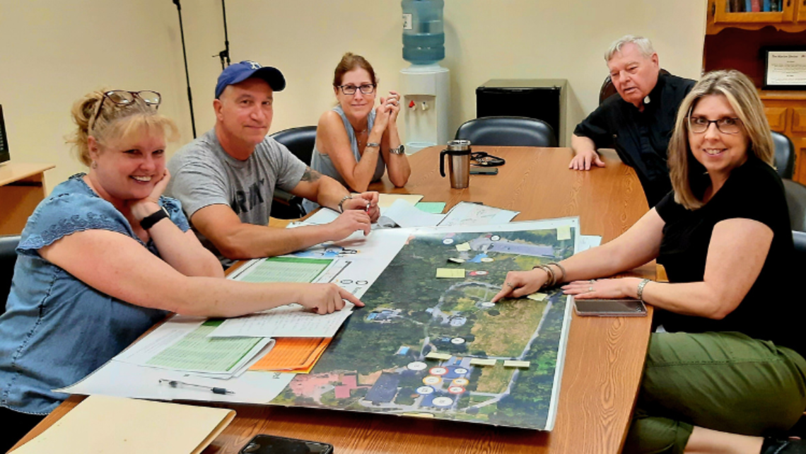 (left to right) Donna Valentino, Salesian Cooperators Walter and Cathy Famular, Fr. Richard Putnam, SDB, and Laura Piranio | Photo by Fr. Dennis Donovan, SDB Stony Point Rise Up! Preparation