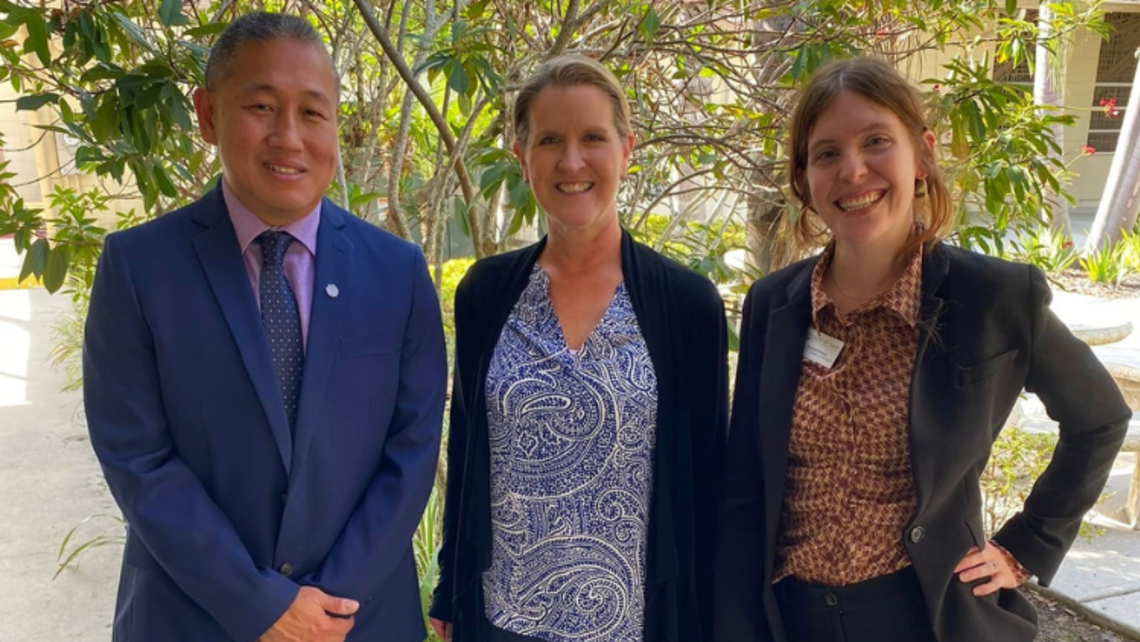 New Cristo Tey Tampa Salesian High School (CRT) President Patrick Liang with Principal Kearney and Miss Brokaw | Photo courtesy of CRT's Facebook SYM Corner 01.25.23