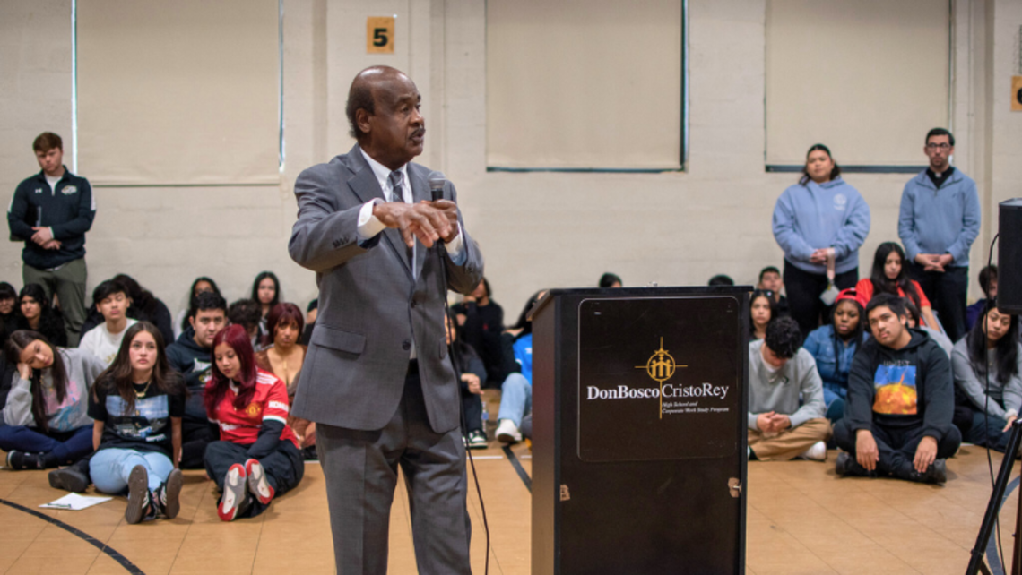 Former Montgomery County MD Council Executive, Ike Leggett, addresses DBCR students, faculty, and staff. | Courtesy of Don Bosco Cristo Rey’s Facebook Washington: DDCR Welcomes Ike Leggett