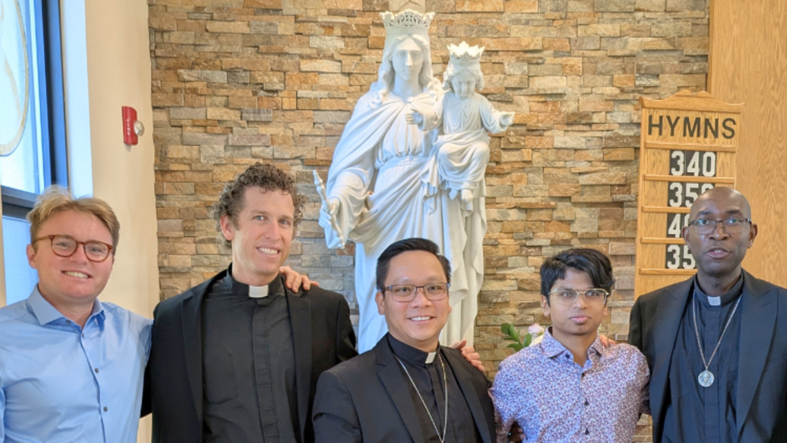 Pre-novice Tim Hughes, Bro. John Taylor, Bro. Minh-Tu Nguyen, Pre-novice Francis Chazhikattu, and Bro. Br. Pascal Mukuye | Courtesy of Salesian Youth Ministry Weekly Prayer: May 8-14