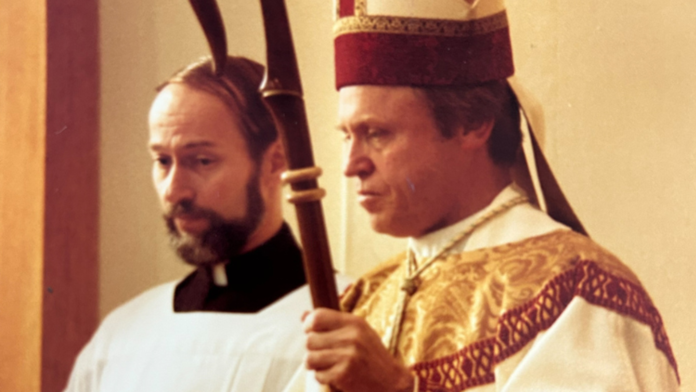 Bishop Rodimer (right) wearing the chasuble  made by Fr. Tom Gwozdz's (left) mother | Photo courtesy of Fr. Tom Gwozdz, SDB Fr. Tom G Chasuble