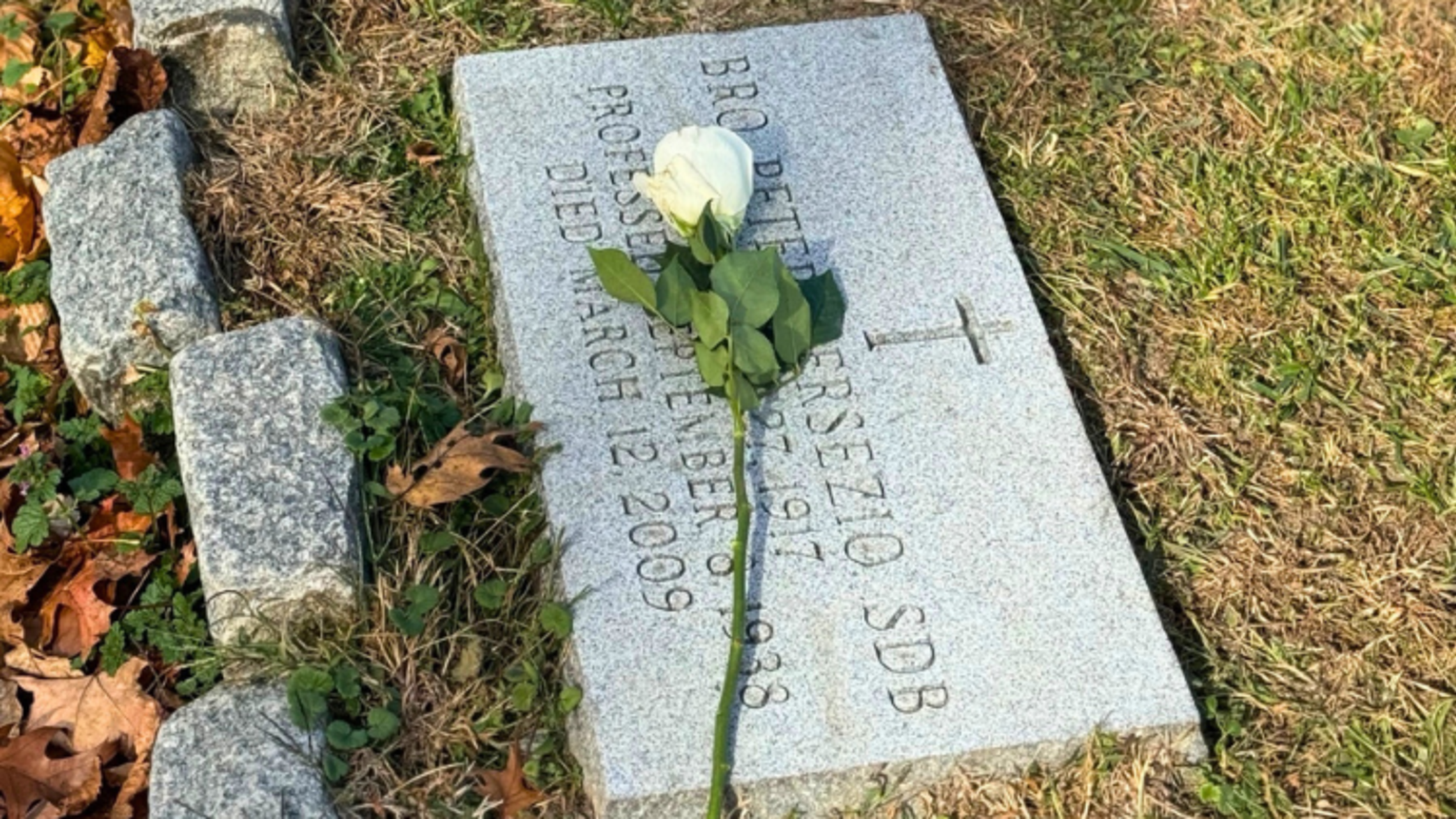 A white rose on the grave of Bro. Bersezio, SDB | Photo by Fr. Richard Alejunas, SDB October 2024 Mass at Salesian Cemetery in Goshen, NY