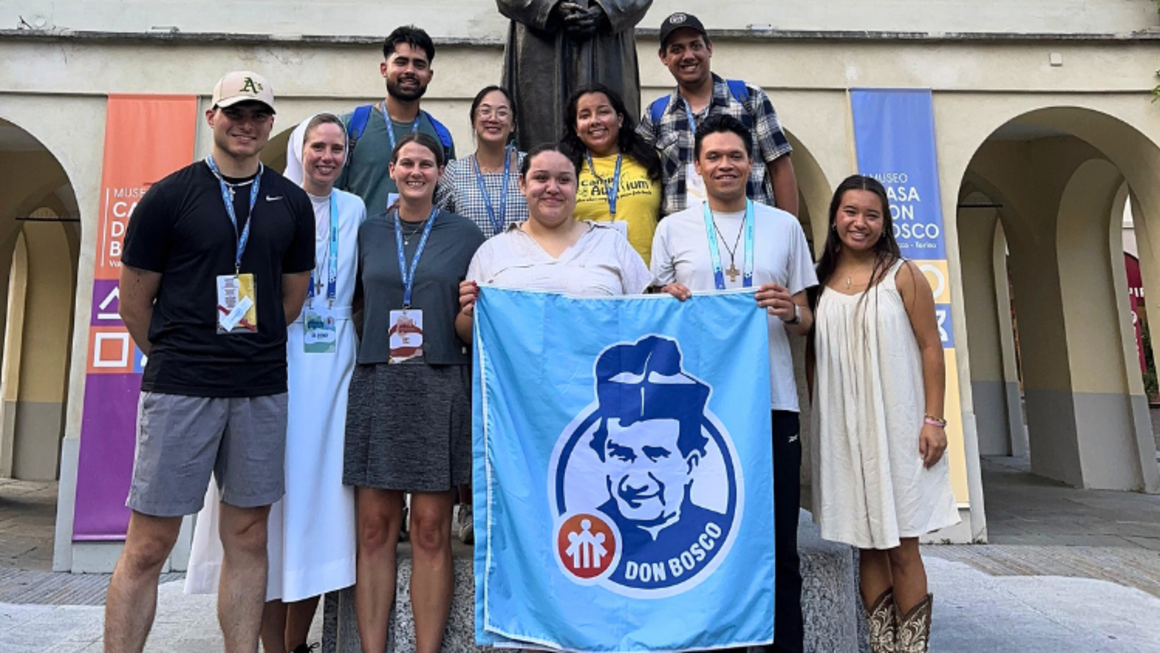 The eight representatives from Canada and the United States in Valdocco accompanied by Sr. Sydney Moss, FMA, and Fr. Fabian Cardenas, SDB. | Courtesy of Mrs. Amy Stockinger Salesian Youth Synod