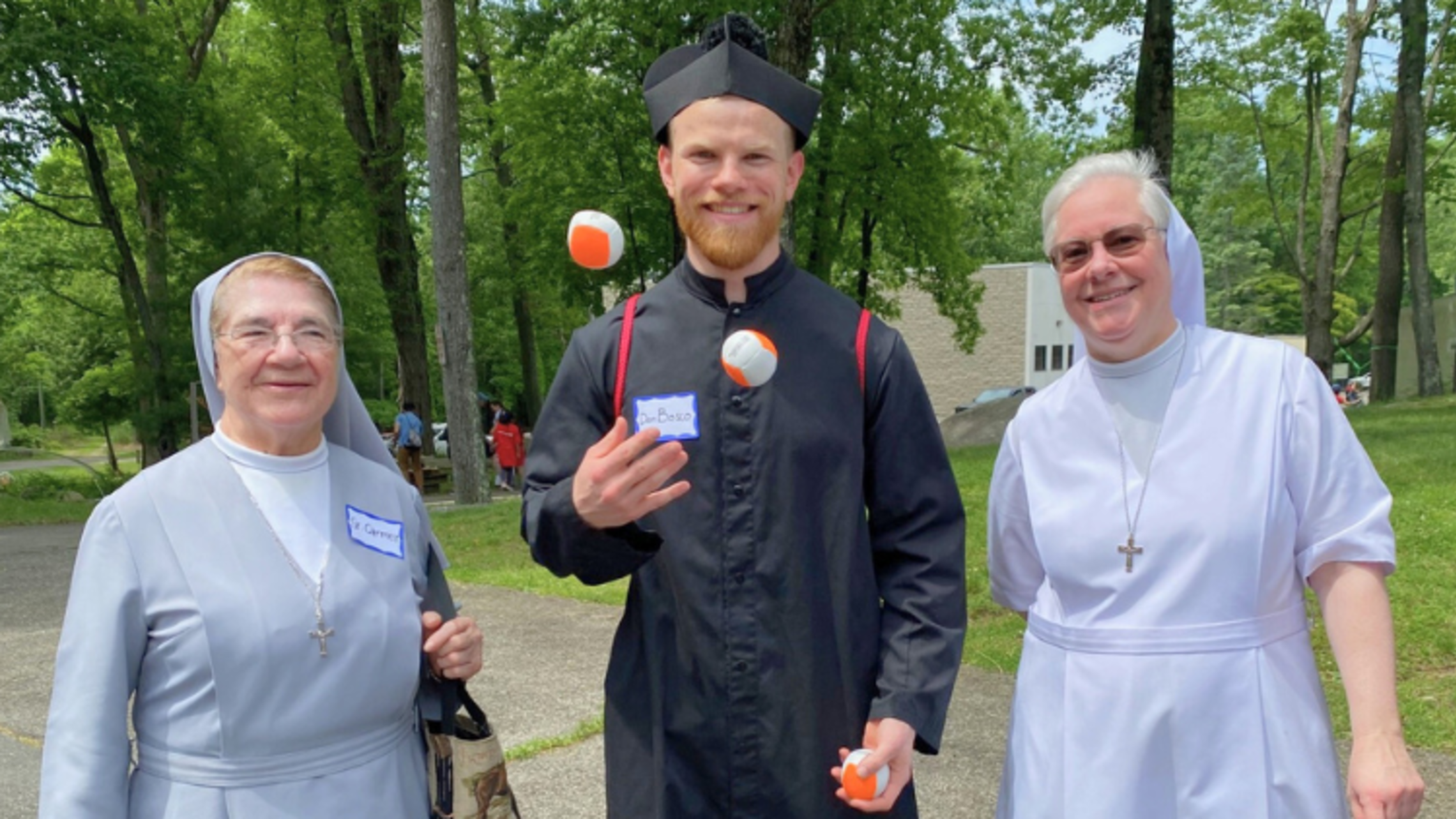 Sr. Carmen Morales, FMA; Novice Nicholas Jandernoa as Don Bosco; and Sr. Denise Sickinger, FMA | Photo by Mrs. Andrea Zimmerman, SDB Salesian Family Province Delegate and Salesian Cooperator Save the Date for Mary Help of Christians Day 2025