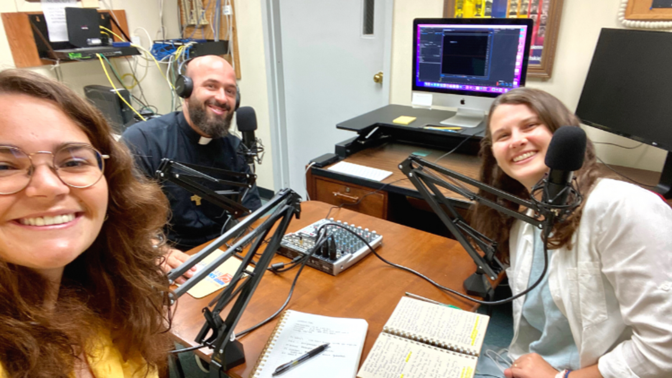 (from left to right) Vicky Weekley, Fr. Steve DeMaio, SDB, and Amy Stockinger | Designed by Vicky Weekley Valdocco Season Finale
